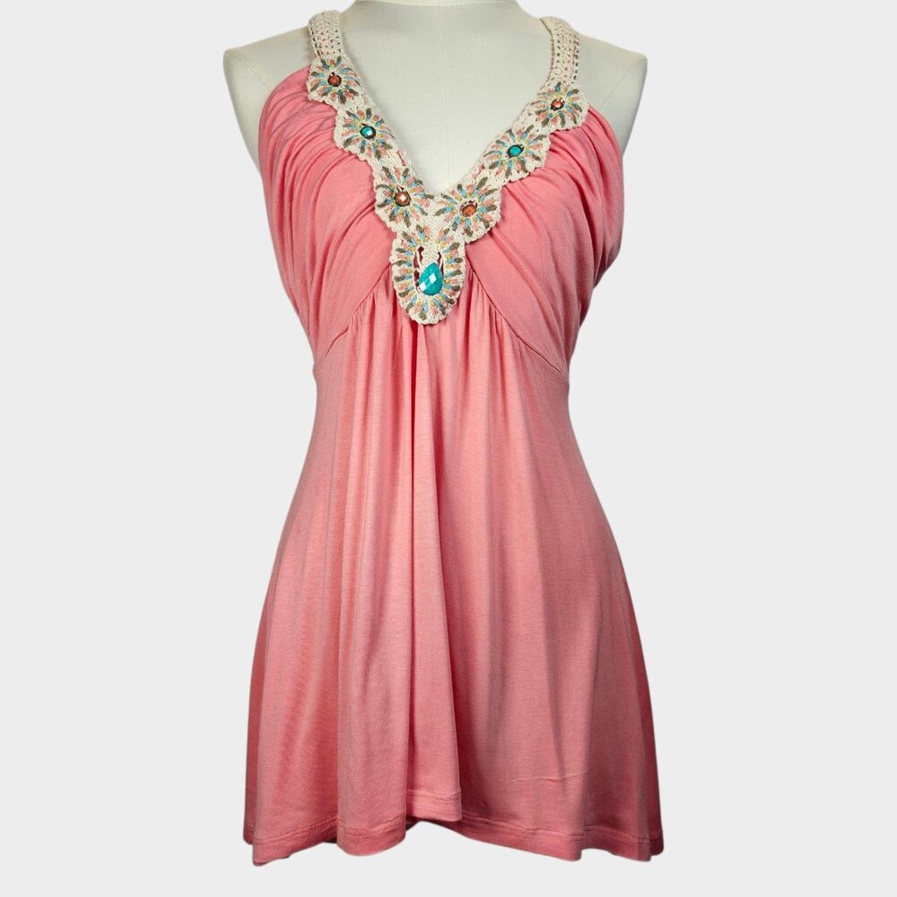 Y2K Soul Revival Babydoll Medium Dress V-Neck Sleeveless Studded Crochet Trim